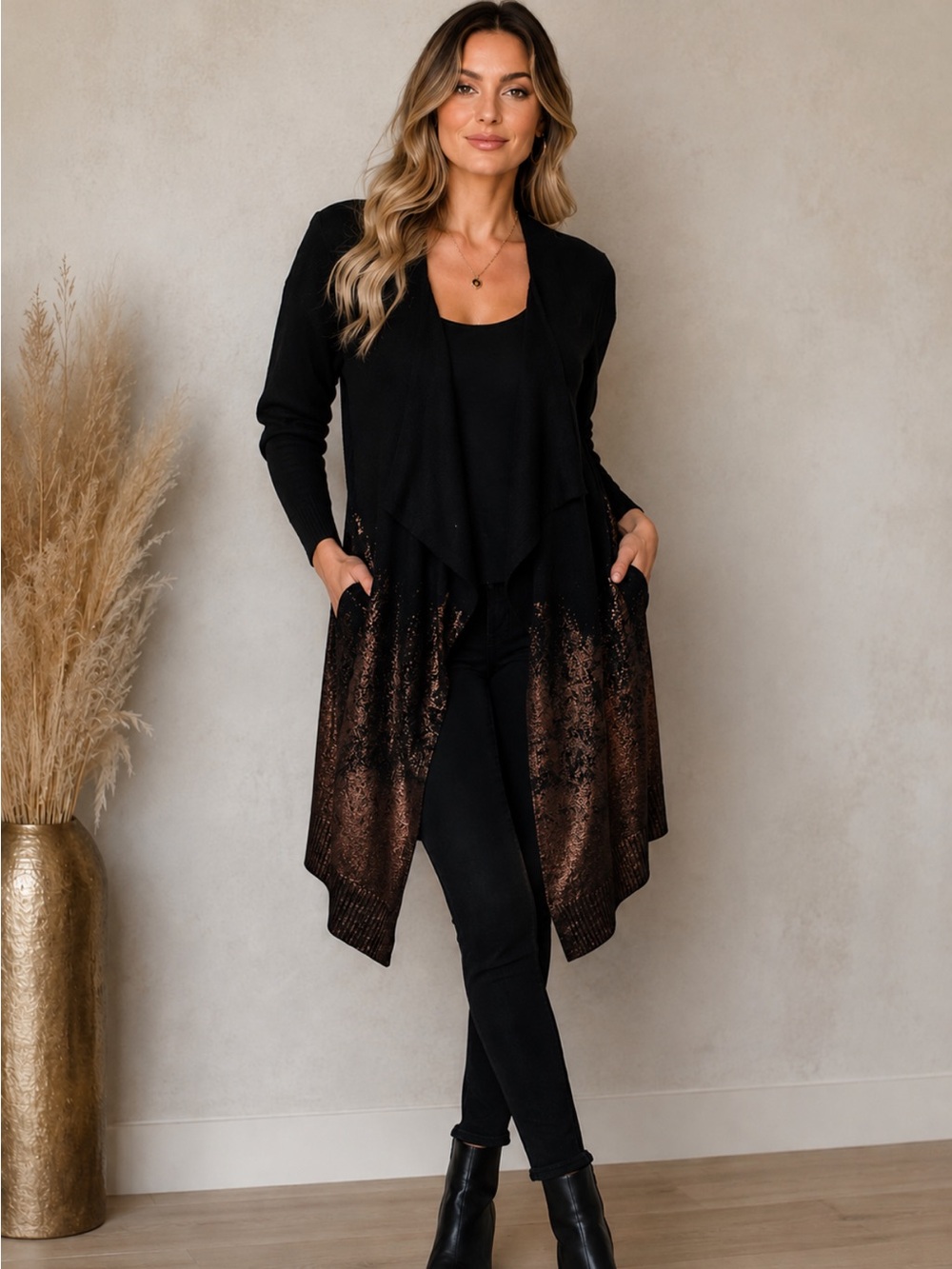 MATERIAL GIRL BLK METALLIC COPPER OMBRÉ OPEN FRONT WATERFALL CARDIGAN SWEATER M